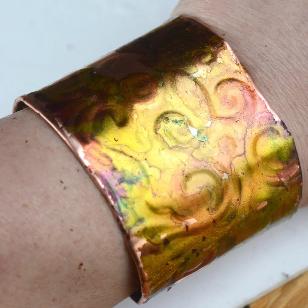 Embossed Colorful Psychedelic Copper Cuff Bracelet Hippie Boho Festival Yellow
